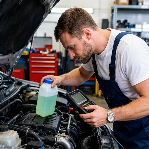 mechanic checking coolant level and diagnostics