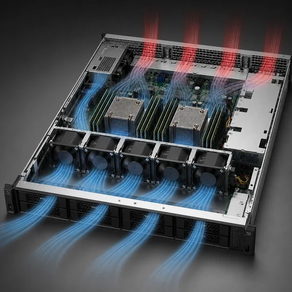 Airflow moving through a restrictive rack server with compact high-static-pressure fans