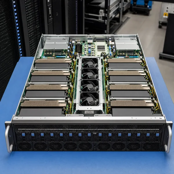 GPU server with passive accelerator heat sinks and a central cooling fan wall