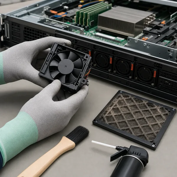 Technician inspecting a server cooling fan module beside a dust-covered intake grille