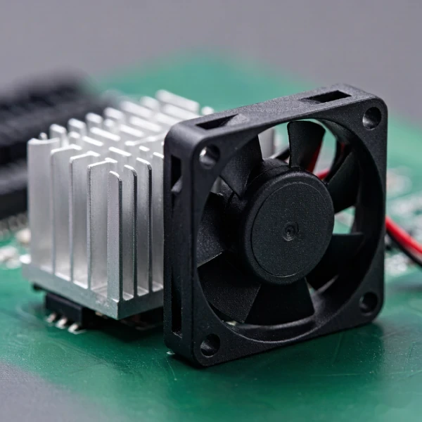 DC axial cooling fan beside an aluminum finned heat sink on a circuit board