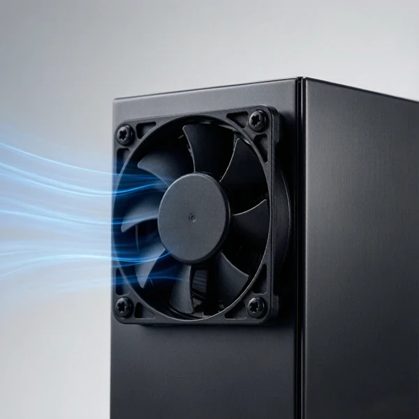DC axial cooling fan mounted on the side panel of an electronics enclosure