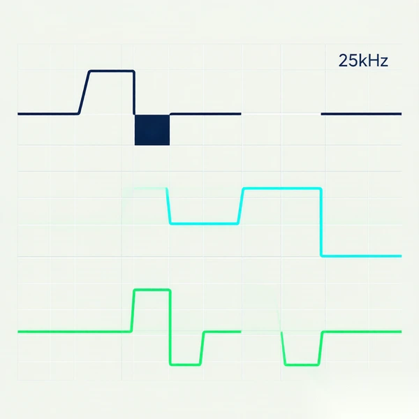 PWM signal waveform on oscilloscope showing 25kHz frequency and different duty cycles