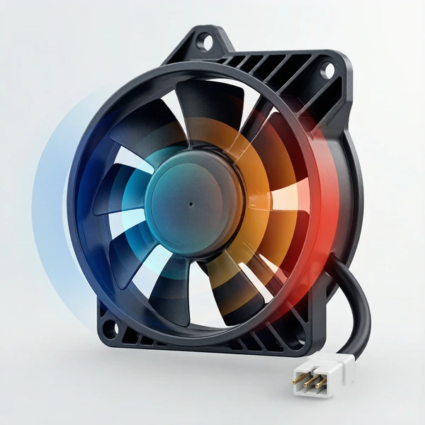 DC cooling fan with acoustic noise patterns around the blades and 4-pin PWM connector