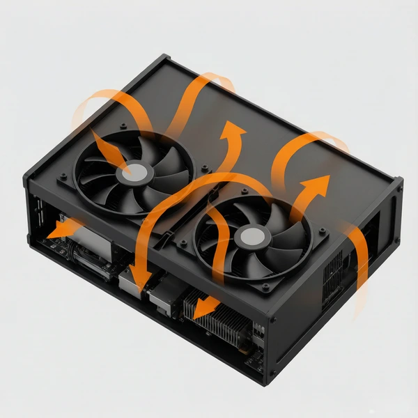 Two axial cooling fans mounted side by side in parallel inside a wide server enclosure