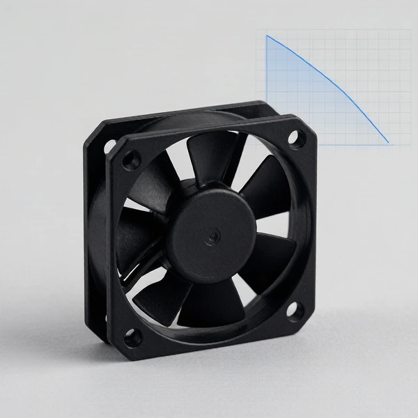 Fan P-Q performance curve showing airflow decreasing as static pressure rises