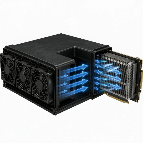 Air shroud ducting pressurized air from a chassis fan wall into a passive GPU heatsink