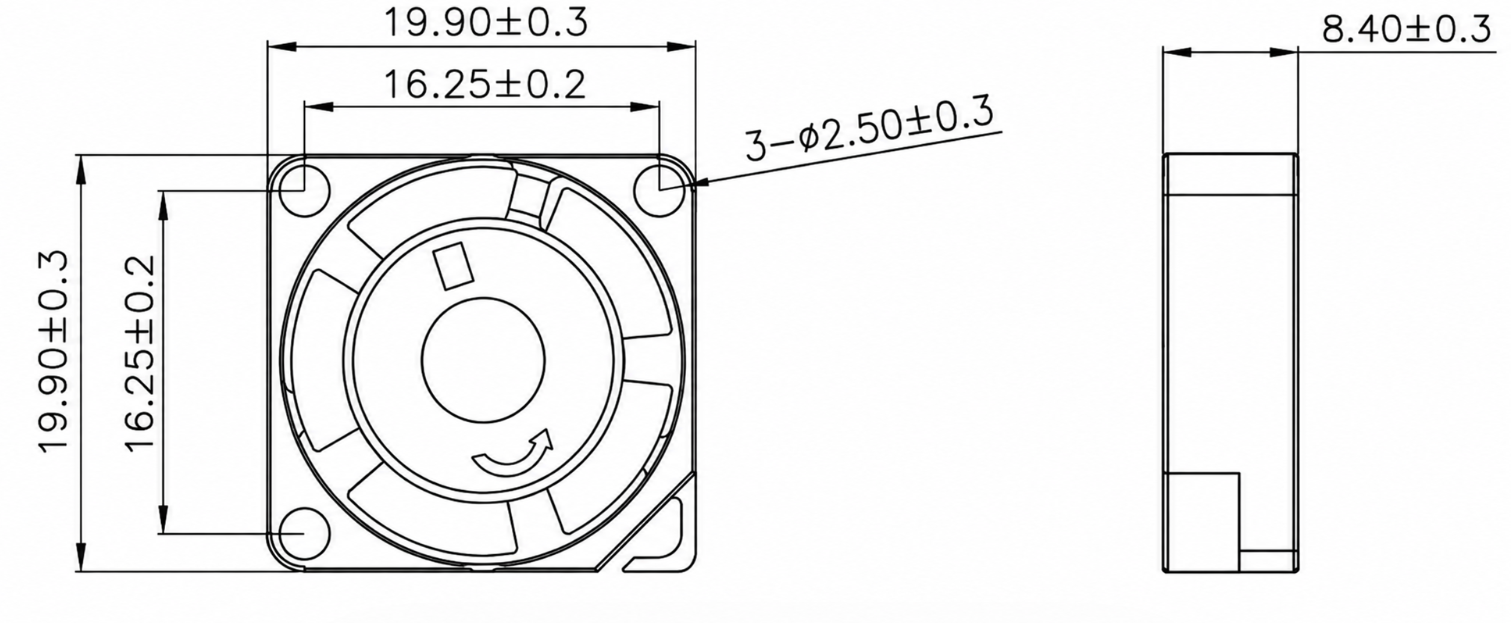 YCCFAN DC2008 20x20x8mm small DC cooling fan dimension drawing