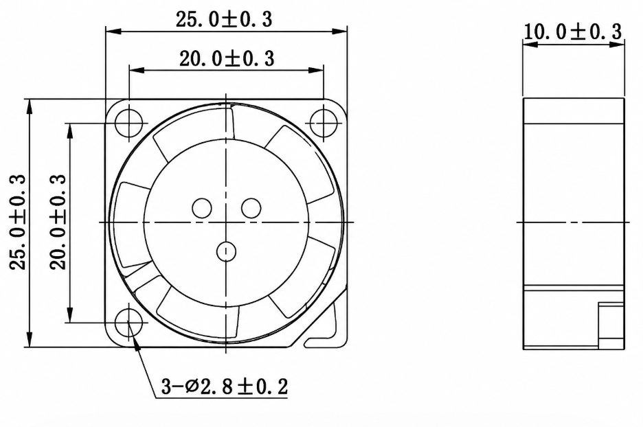 YCCFAN DC2510 25x25x10mm DC Cooling Fan Dimension Drawing YCCFAN DC2510 25x25x10mm DC cooling fan dimension drawing