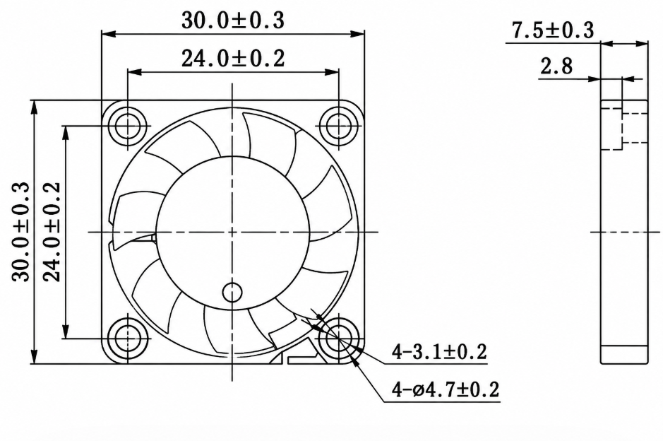 YCCFAN DC3007 30x30x7mm DC cooling fan dimension drawing