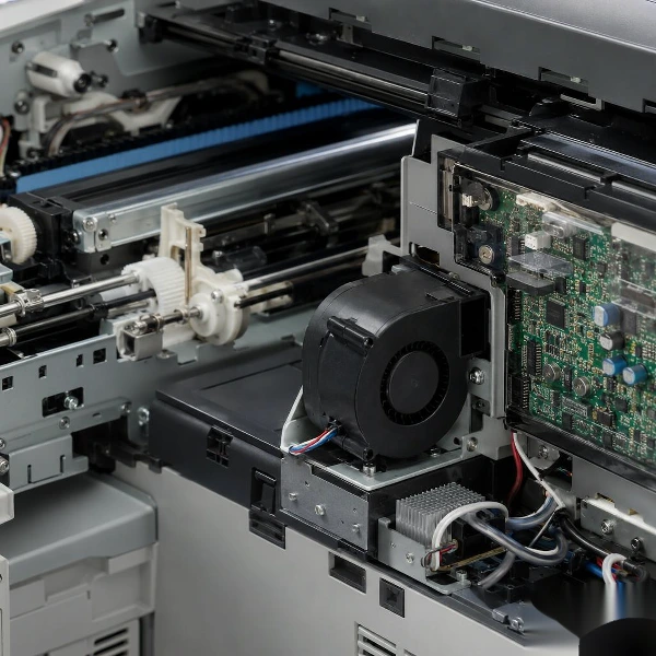 Centrifugal blower fan installed inside electronic equipment directing airflow across internal components