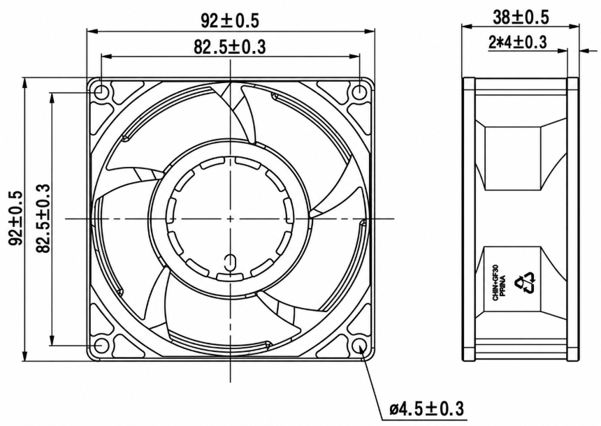 YCCFAN DC9238F 92x92x38mm DC fan dimension drawing