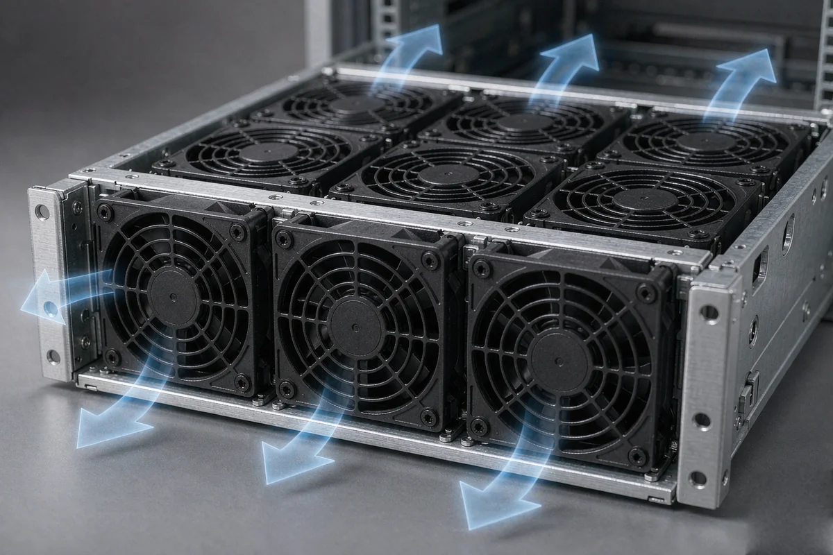 Brushless axial cooling fans installed side by side in a 2U server rack fan tray