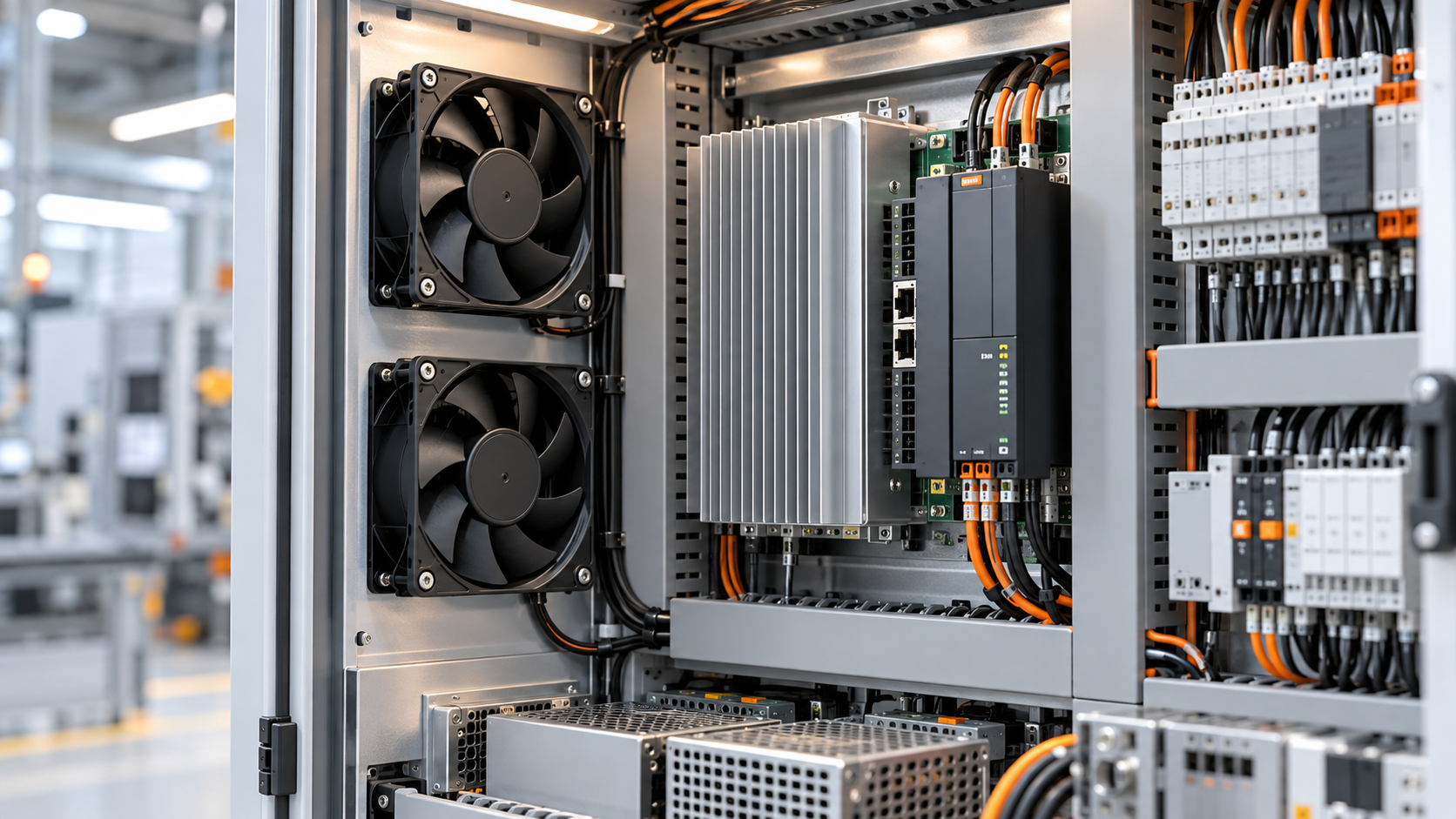 DC axial fans cooling an electronic control cabinet