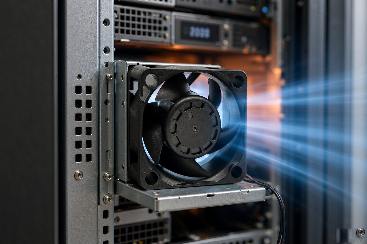 DC4020F 40×40×20 mm DC cooling fan mounted on a rack fan tray