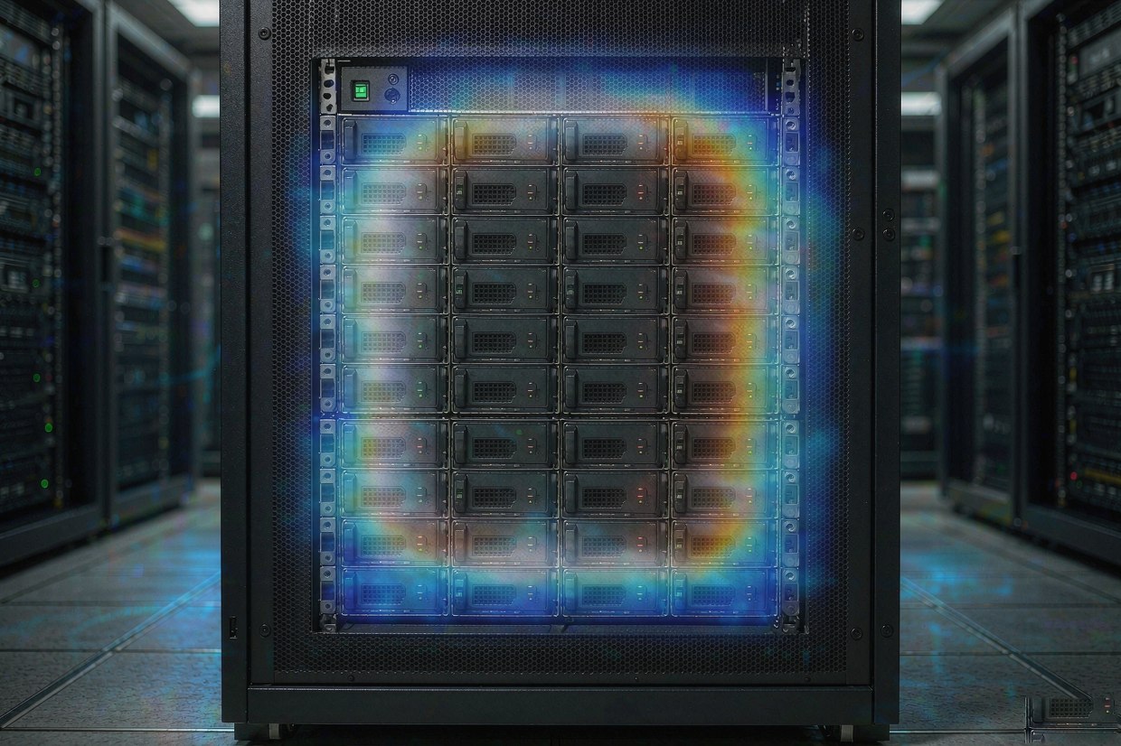 Server rack cooling airflow: cool intake through perforated front door and warm rear exhaust