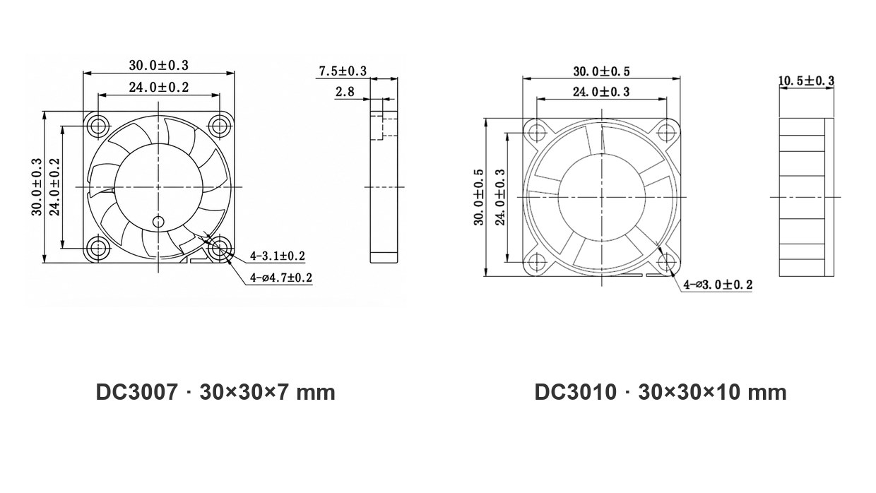 30x30x7mm and 30x30x10mm DC cooling fans dimension drawings