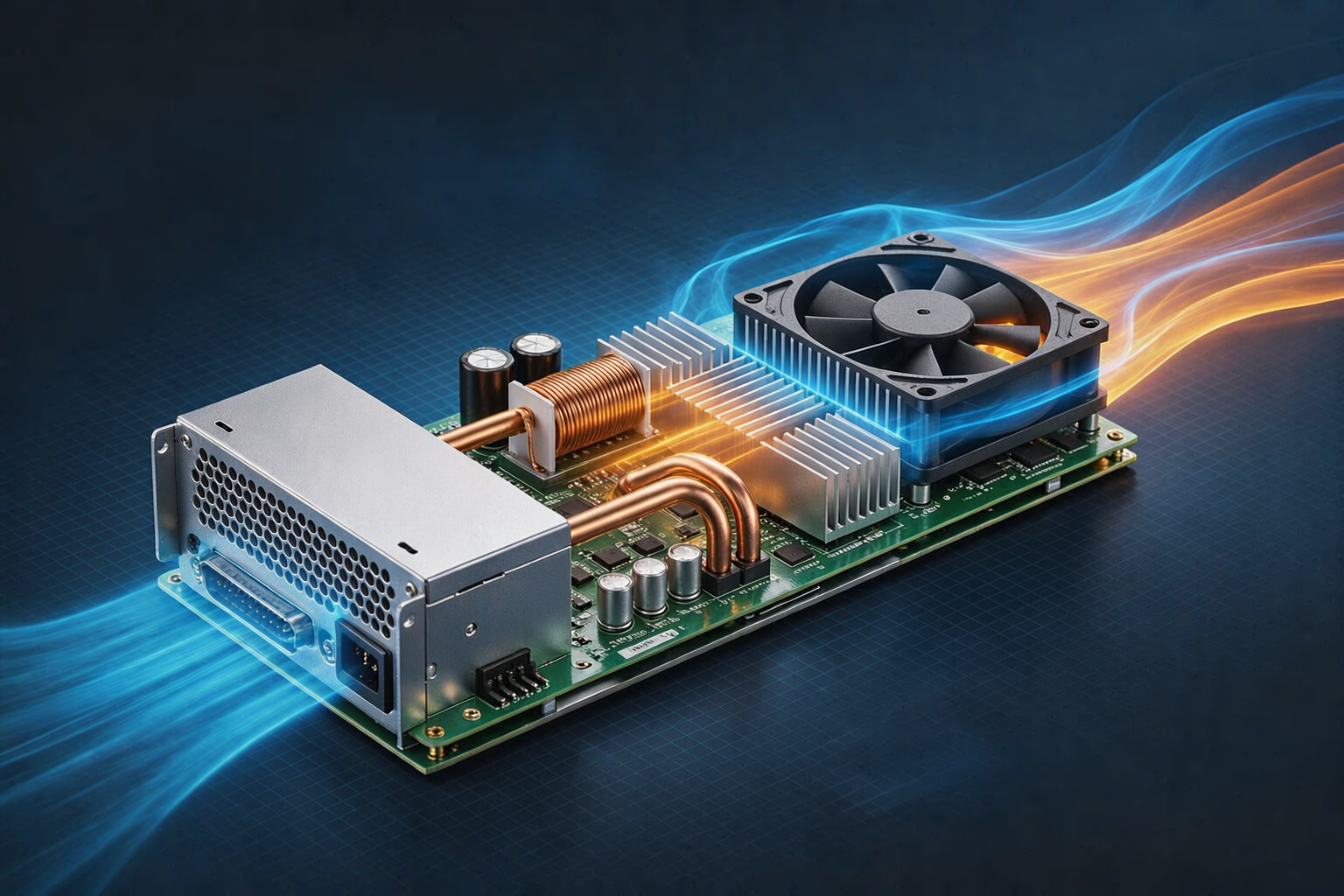 48V DC axial cooling fan installed in industrial power electronics