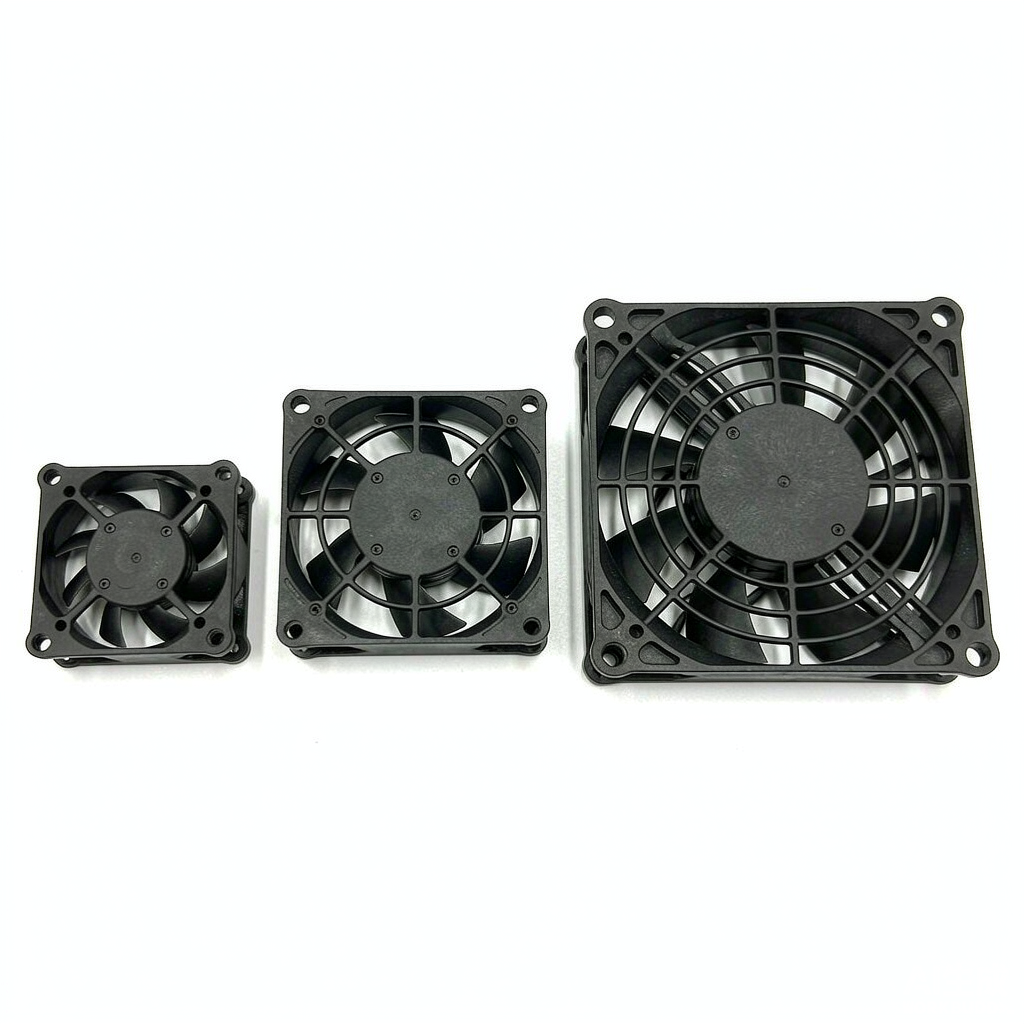 Size comparison of 40mm, 50mm and 80mm 24V DC axial cooling fans